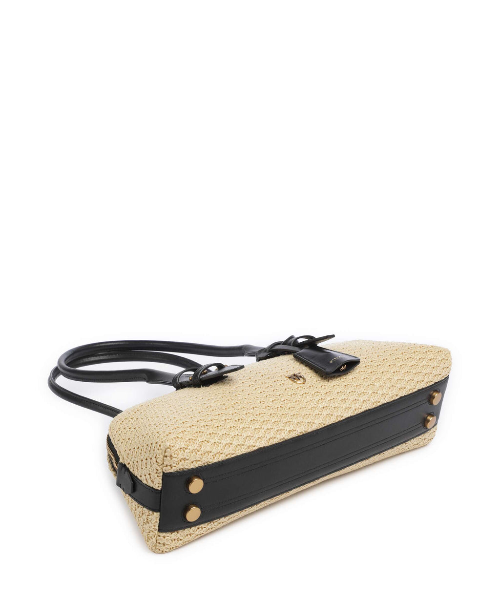 Pinko Bowling Horizontal Big Handbag raffia/bianco/antique gold